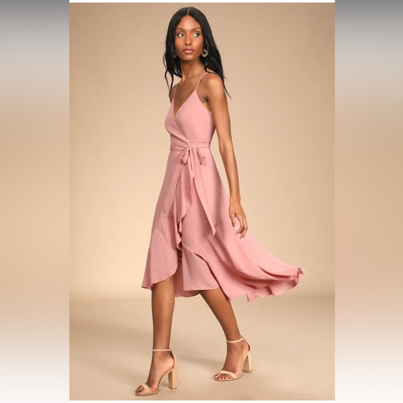 Manhattan Moment Mauve Ruffled Midi Wrap Dress Lulus - Picture 4 of 5